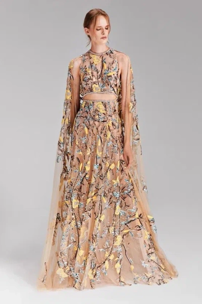 Tony Ward Embroidered Cape Dress In Multi