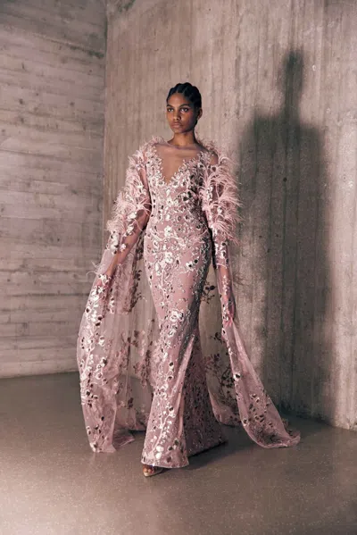 Tony Ward Feather Dotted Embroidered Tulle Gown In Multi