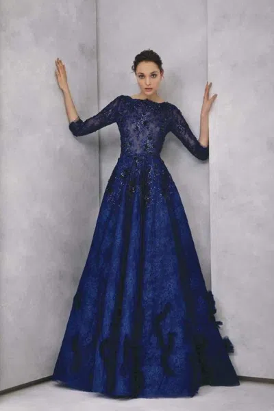 Tony Ward Hand-embroidered ¾ Sleeve- Lace Gown In Blue
