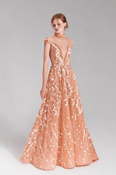Tony Ward Illusion V-neck Gown In Multi