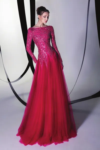 Tony Ward Long Sleeve Beaded Gown In Pink