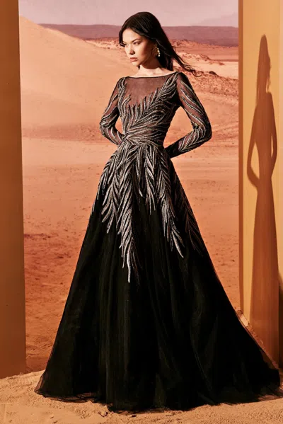 Tony Ward Long Sleeve Boat Neck Gown In Multi