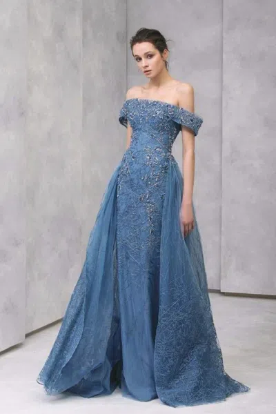 Tony Ward Off Shoulder Gown- With Over-skirt In Blue