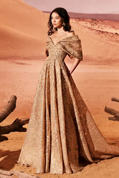 Tony Ward Organza Jacquard Off Shoulder Gown In Multi