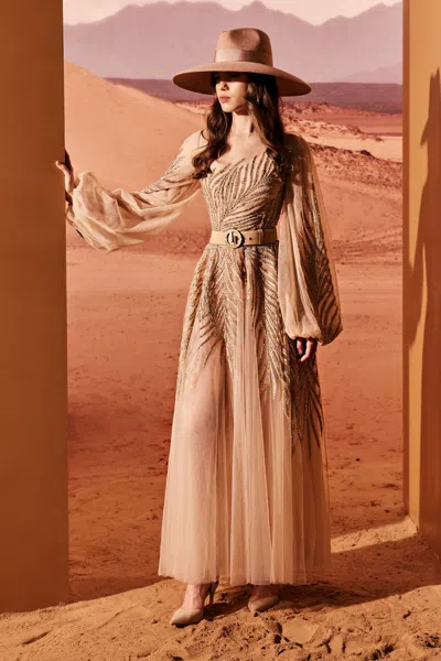 Tony Ward Palm-like Sleeved Tulle Gown In Multi