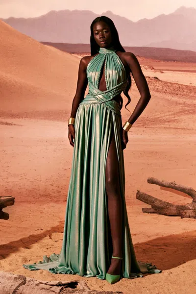 Tony Ward Pleated Jersey Slit Gown In Multi