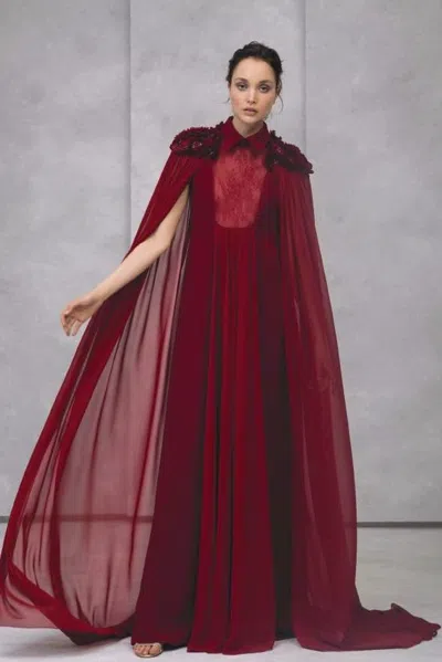 Tony Ward Ruffled Organza Crepe Red Caftan