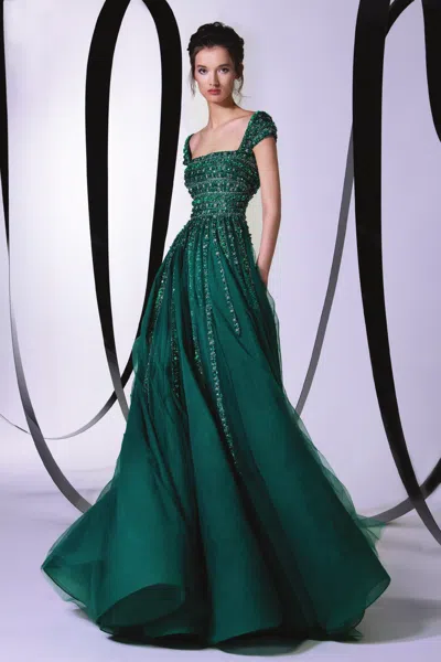Tony Ward Square Neck Cap- Sleeve Gown In Green