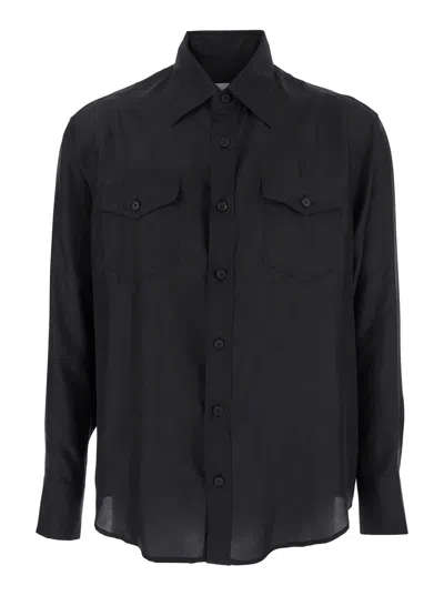 Tonywack Black Shirt With Classic Collar And Two Front Patch Flap Pockets With Button In Silk Man