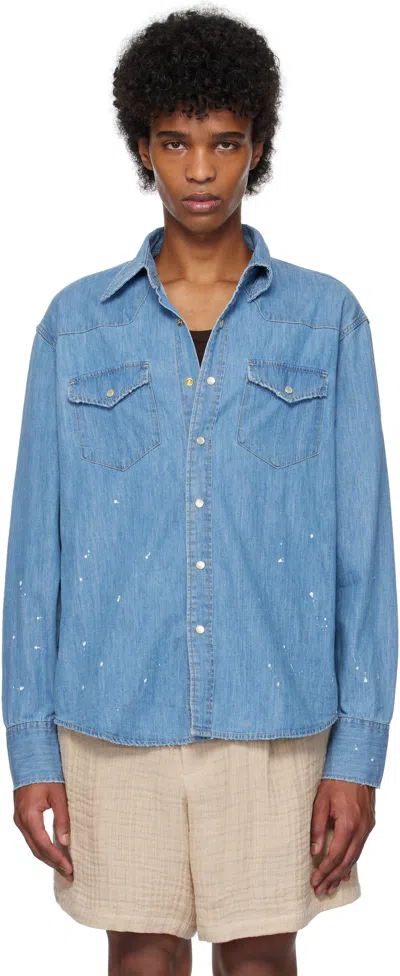 Tonywack Blue Hand-painted Western Denim Shirt In Washed Blue