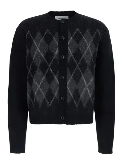 Tonywack Brushed Argyle V-neck Button-front Cardigan Sweater For Men In Black