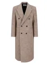 Tonywack Double-breasted Beige Wool Coat With Herringbone Texture In Brown