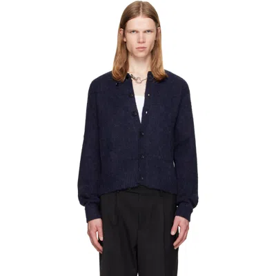 Tonywack Navy Brushed Wool Crew-neck Cardigan In Black