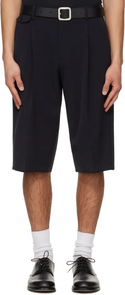 Tonywack Navy Raw-cut Wool Pleated Tailored Shorts In Black