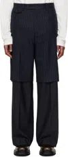 Tonywack Navy Striped Wool Layered Trousers In Navy Pinstripe