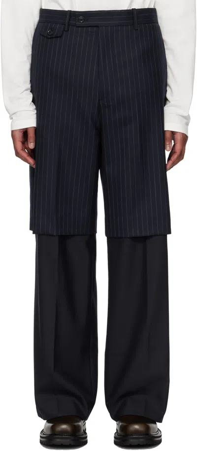 Tonywack Navy Striped Wool Layered Trousers In Navy Pinstripe