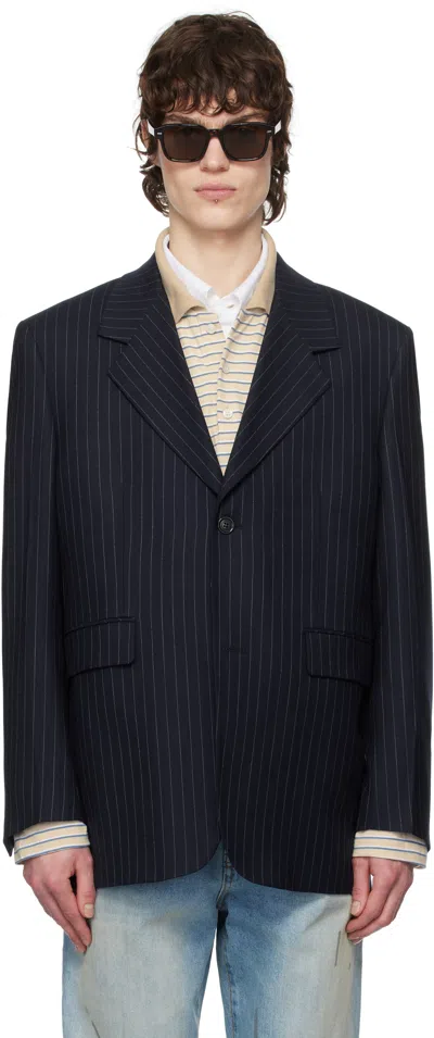 Tonywack Navy Striped Wool Oversized Tailored Blazer In Navy Pinstripe
