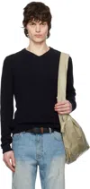 Tonywack Navy Super Fine Wool Ribbed V-neck Sweater In Navy