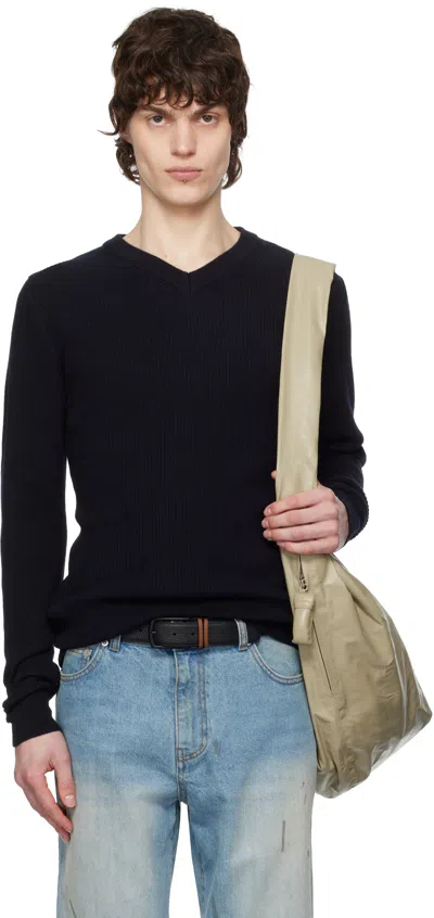 Tonywack Navy Super Fine Wool Ribbed V-neck Sweater