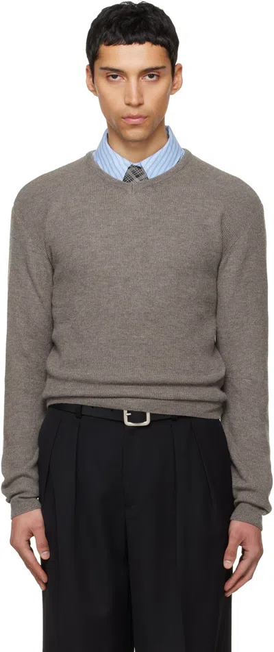 Tonywack Taupe Superfine Wool Commando V-neck Knit Sweater In Gray
