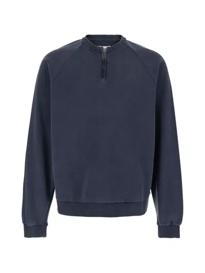 Tonywack Blue Crewneck Sweatshirt With Half Zip On The Front In Cotton Man