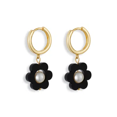 Toolally Women's Black / Gold Flower Pearl Huggie Earrings - Black In Gray