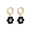 Toolally Women's Black / Gold Flower Pearl Huggie Earrings - Black In Black