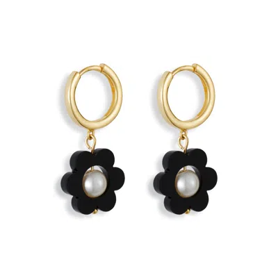 Toolally Women's Black / Gold Flower Pearl Huggie Earrings - Black