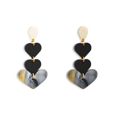 Toolally Women's Black / Gold Heart Drop Earrings - Black In Multi