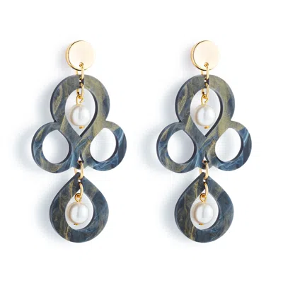 Toolally Women's Black / Gold / White Petite Batik Earrings - Black Swirl & Pearl In Blue