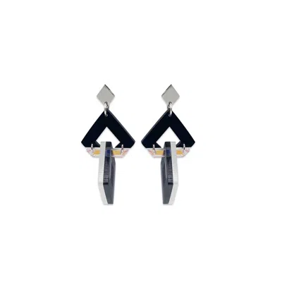 Toolally Women's Black / White / Grey Diamond Chandelier Earrings - Black Gloss, Iridescent, White Frost & Gr In Black/white/grey