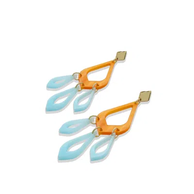 Toolally Women's Feather Drop Earrings - Orange Pearl & Light Blue In Multi