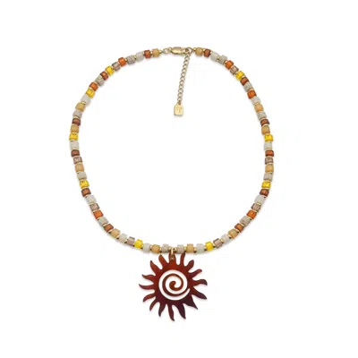 Toolally Women's Gold / Brown / Orange Beaded Sun Necklace - Golden & Tortoiseshell