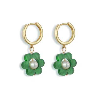 Toolally Women's Gold / Green Flower Pearl Huggie Earrings - Green In Burgundy
