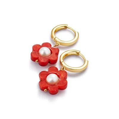 Toolally Women's Gold / Red / Yellow Flower Pearl Huggie Earrings - Sienna Red