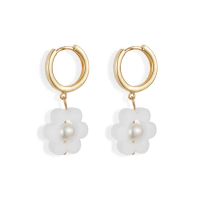 Toolally Women's Gold / White Flower Pearl Huggie Earrings - White