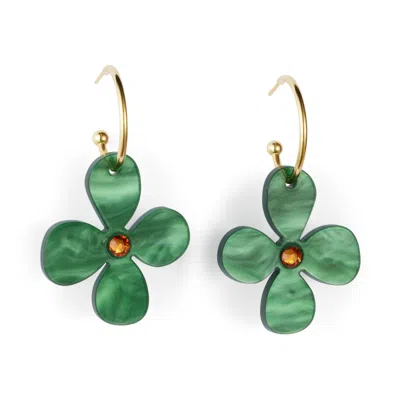 Toolally Women's Green / Gold Daisy Hoop Earrings - Grass Green In Multi
