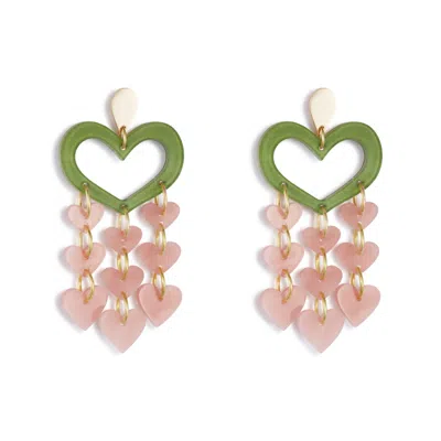Toolally Women's Green / Pink / Purple Heart Chandeliers - Pink And Green In Gold