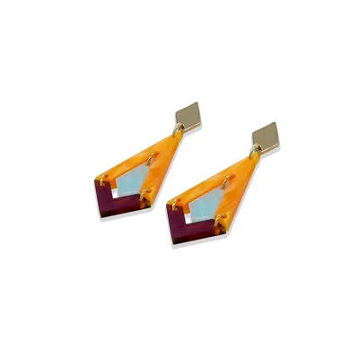 TOOLALLY WOMEN'S ORANGE / BROWN / BLUE ART DECO DIAMOND DROP EARRINGS - ORANGE PEARL, LIGHT BLUE & TORTOISESH