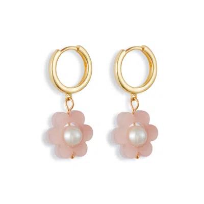 Toolally Women's Pink / Gold Flower Pearl Huggie Earrings - Pink