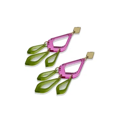 Toolally Women's Pink / Green Feather Drop Earrings - Pink Mirror & Lime Zest Green In Multi
