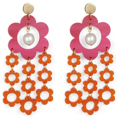 Toolally Women's Pink / Purple Flower Chandelier Earrings - Cerise & Orange