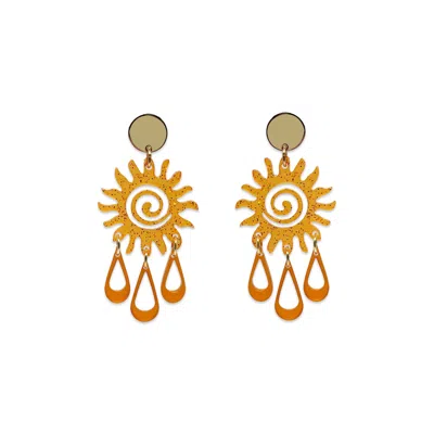 Toolally Women's Sun Chandelier Earrings - Orange Glitter With Burnt Orange In Gold