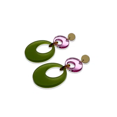 Toolally Women's Swinging Circle Drop Earrings - Lime Zest Green & Pink Mirror