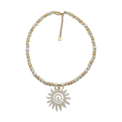 Toolally Women's White / Gold Beaded Sun Necklace - Serene In Multi