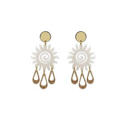 Toolally Women's White / Gold Sun Chandelier Earrings - Alabaster With Gold Glitter