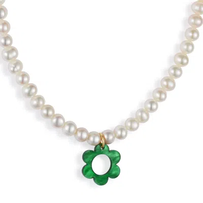 Toolally Women's White / Green Flower Pearl Choker - Green In Metallic