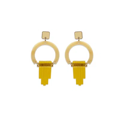 Toolally Women's Yellow Art Deco Chandelier Earrings - Caramel Marble, Gold Mirror & Saffron