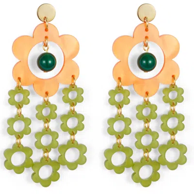 Toolally Women's Yellow / Orange Flower Chandelier Earrings - Orange & Green