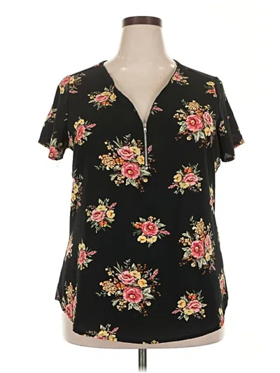 Pre-owned Top Fashion Of Ny Short Sleeve Blouse Black Floral Pattern V Neck Tops
